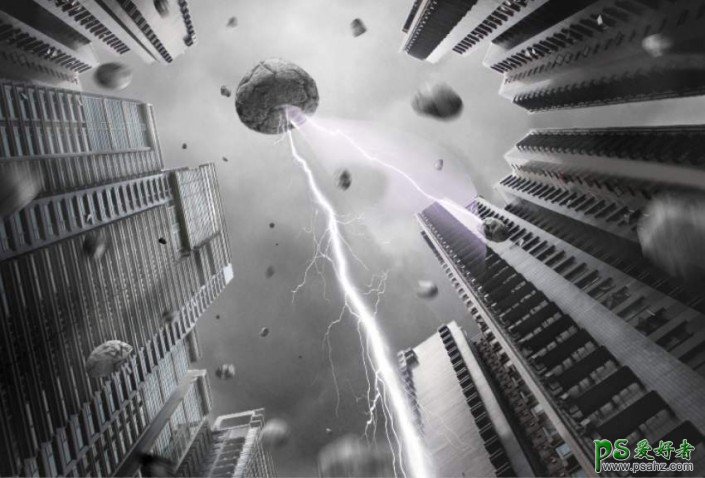 Photoshop创意合成一幅外星球攻击地球的末日场景特效图片。