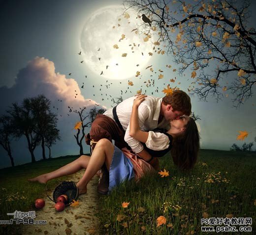 photoshop合成月光下热吻的情侣-情侣舍吻图片