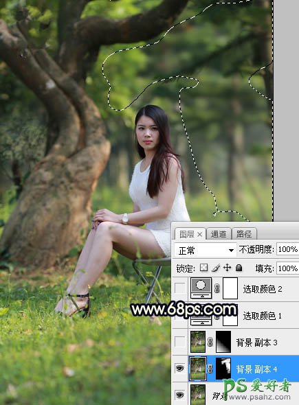 PS美女图片调色教程：给树林中的性感伊人写真照调出唯美的黄色