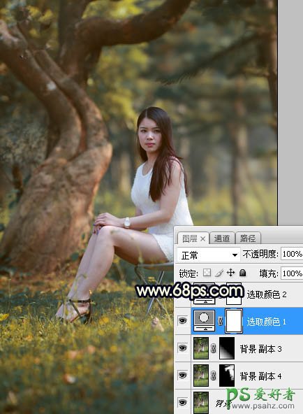 PS美女图片调色教程：给树林中的性感伊人写真照调出唯美的黄色