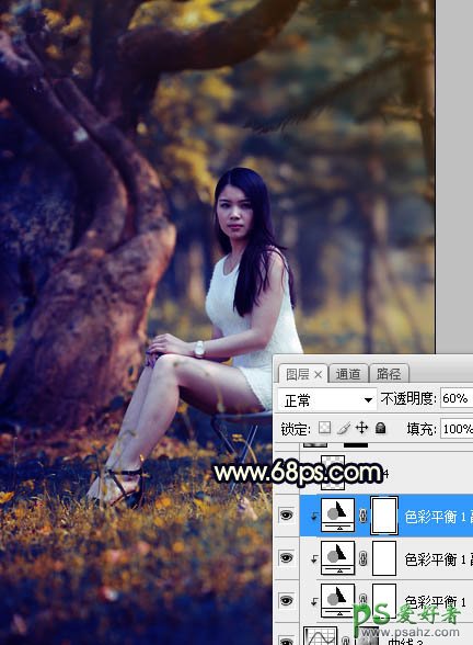 PS美女图片调色教程：给树林中的性感伊人写真照调出唯美的黄色