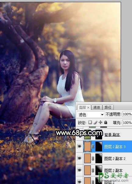 PS美女图片调色教程：给树林中的性感伊人写真照调出唯美的黄色