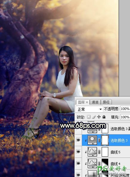 PS美女图片调色教程：给树林中的性感伊人写真照调出唯美的黄色