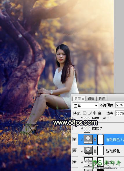 PS美女图片调色教程：给树林中的性感伊人写真照调出唯美的黄色