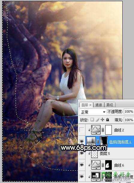 PS美女图片调色教程：给树林中的性感伊人写真照调出唯美的黄色