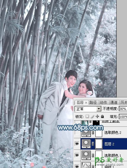 Ps婚片调色教程：给竹林中的婚纱写真照调出梦幻青蓝色