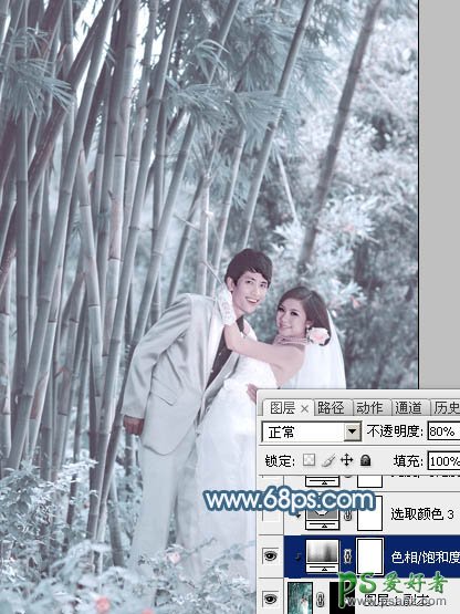 Ps婚片调色教程：给竹林中的婚纱写真照调出梦幻青蓝色