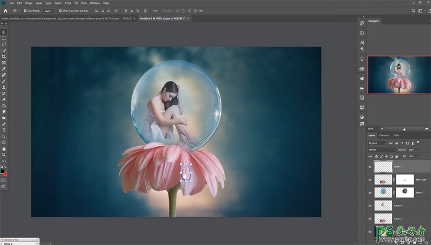 photoshop创意合成气泡中的少女奇幻场景，坐在荷花上的美丽女孩
