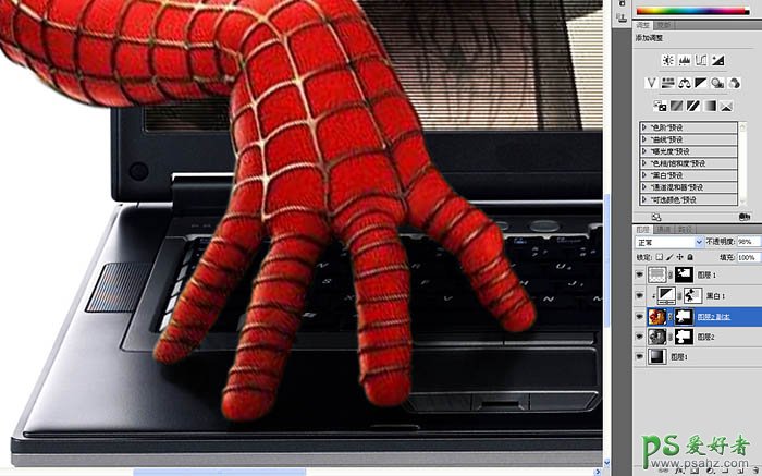 photoshop合成蜘蛛狭电影中人物从电脑屏幕中爬出来的效果