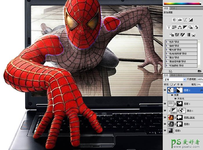 photoshop合成蜘蛛狭电影中人物从电脑屏幕中爬出来的效果