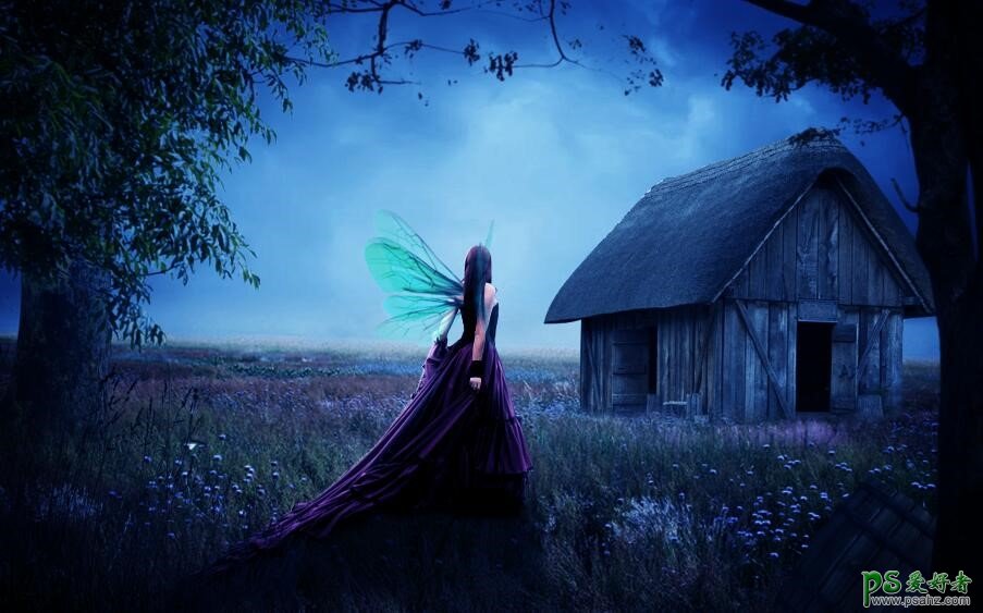 Photoshop把田野中的小木屋与梦幻天使少女合成出唯美仙境般场景