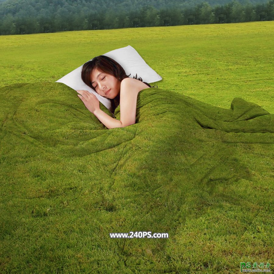 Ps创意合成以大自然草地为被子熟睡的少女，睡在草地上的少女。
