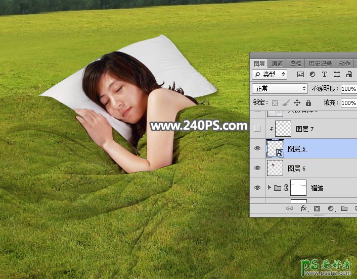 Ps创意合成以大自然草地为被子熟睡的少女，睡在草地上的少女。