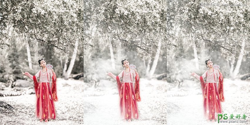 Photoshop漂亮的浓妆美女冬季外景照制作出雪景特效