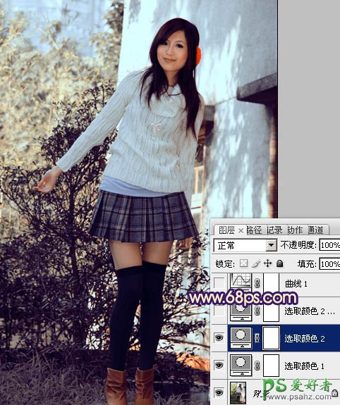 photoshop调出时尚的蓝黄色美腿丝袜少女写真图片