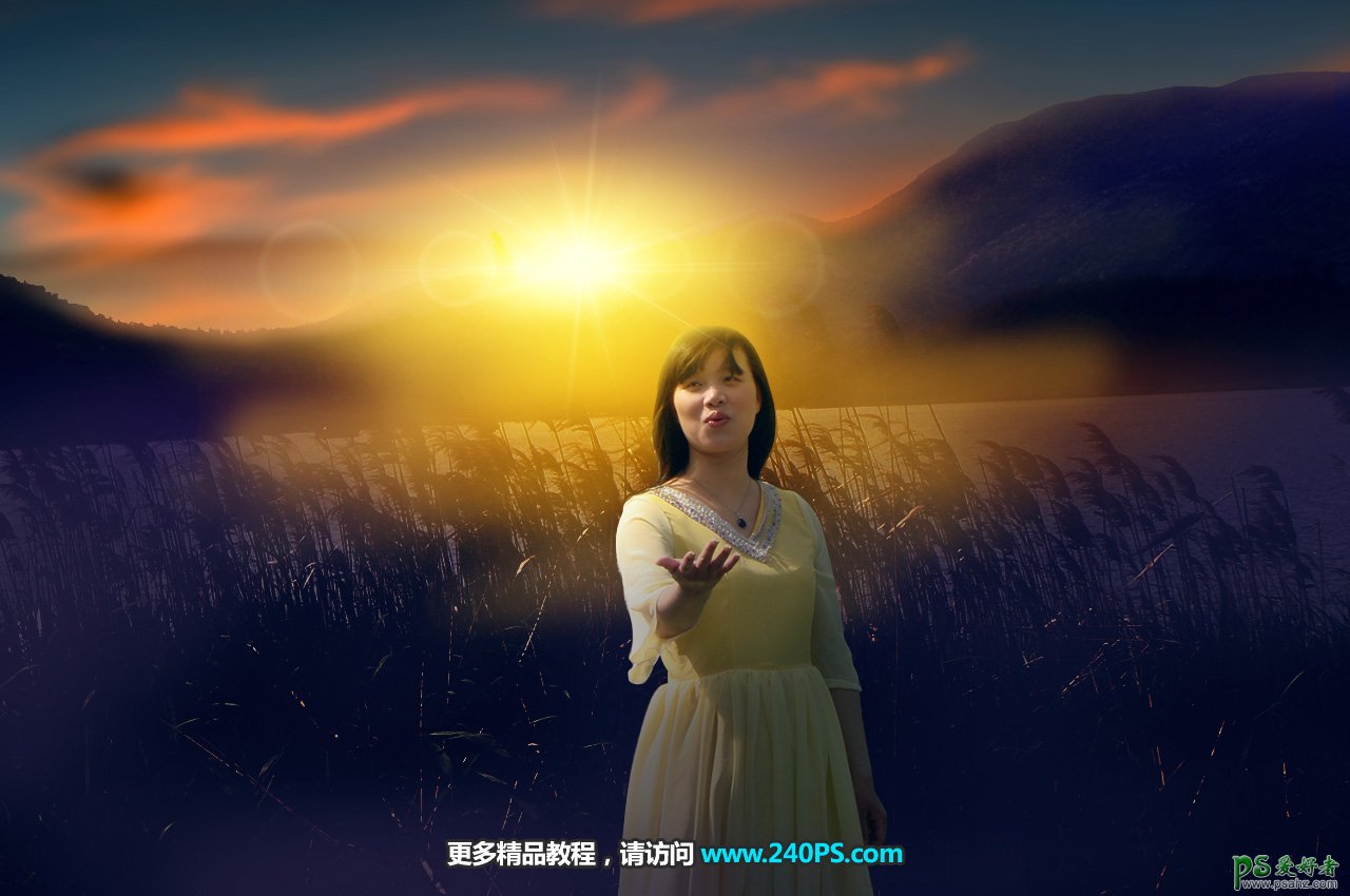 Photoshop给河边芦苇丛边自拍的少妇写真照调出唯美的夕阳逆光色