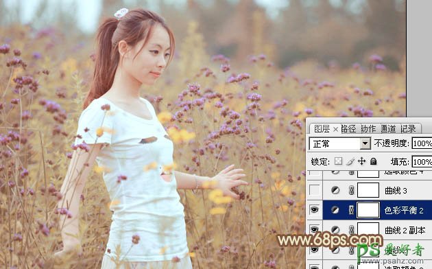 photoshop给花草地里清纯的少女写真照调出甜美的淡黄色