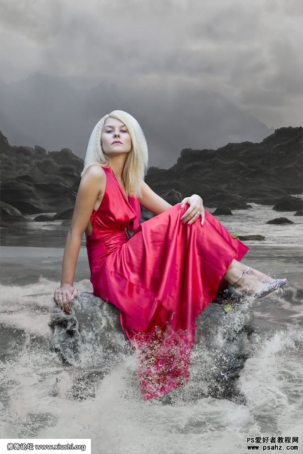 photoshop创意合成海边坐着的优雅欧美少女