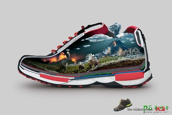 漂亮的运动鞋宣传海报作品，运动鞋与景观世界的完美合成设计。