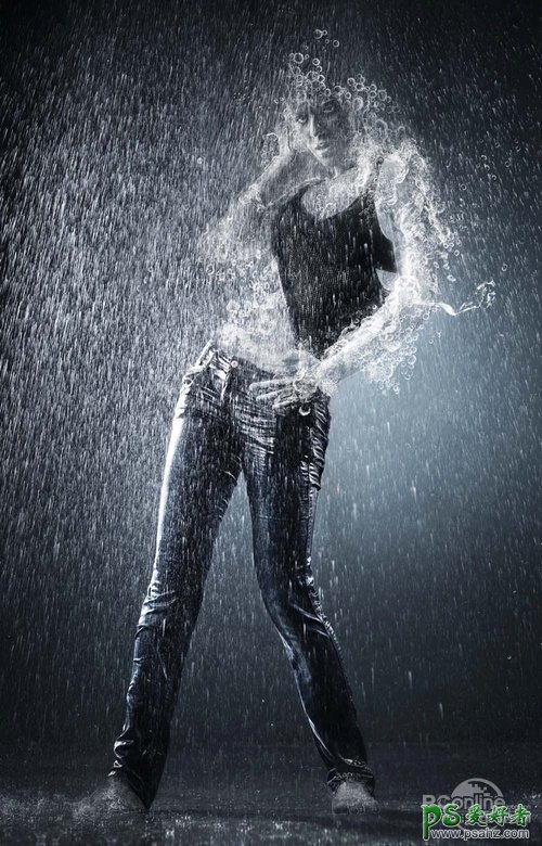 PS创意人像合成实例：打造在暴雨中被冲散的水人，暴雨中的水人。
