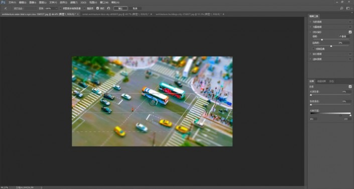 Photoshop制作镜头微缩效果的城市场景图片，微缩模型城市图片。