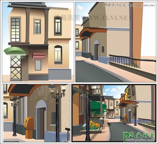 CorelDRAW手绘卡通风格的欧洲街道场景图片，欧洲小镇场景图片