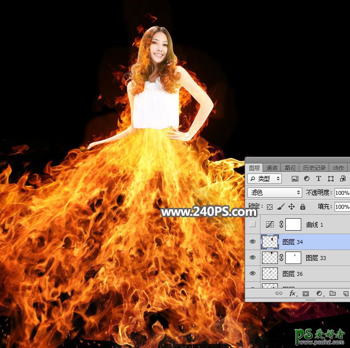 PS美女人像特效图片教程：利用素材溶图处理制作超炫的火裙美女图