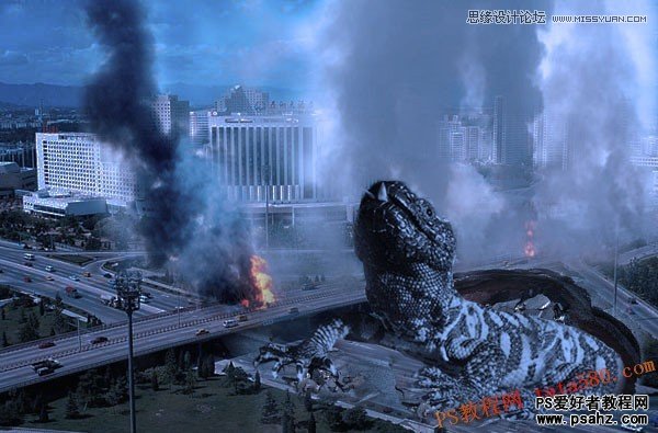 PS合成灾难电影中的场景特效：城市中破土而出的哥斯拉