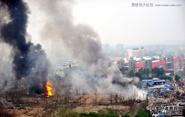 PS合成灾难电影中的场景特效：城市中破土而出的哥斯拉