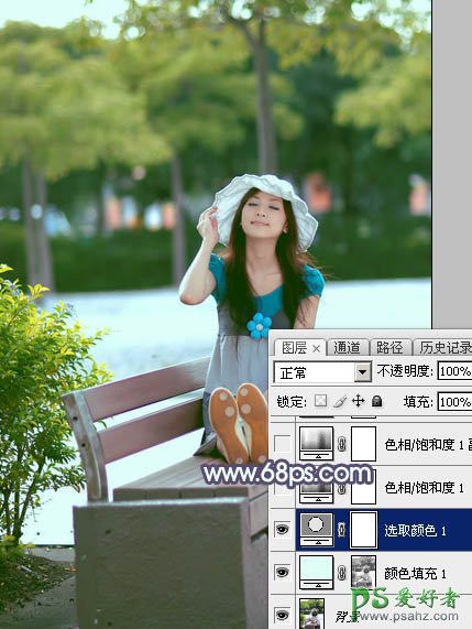 Photoshop给唯美清纯的校园女生照片调出韩系秋季粉蓝色调