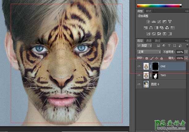 PS人脸合成教程：给漂亮的帅哥脸部换上霸气的虎头图案。