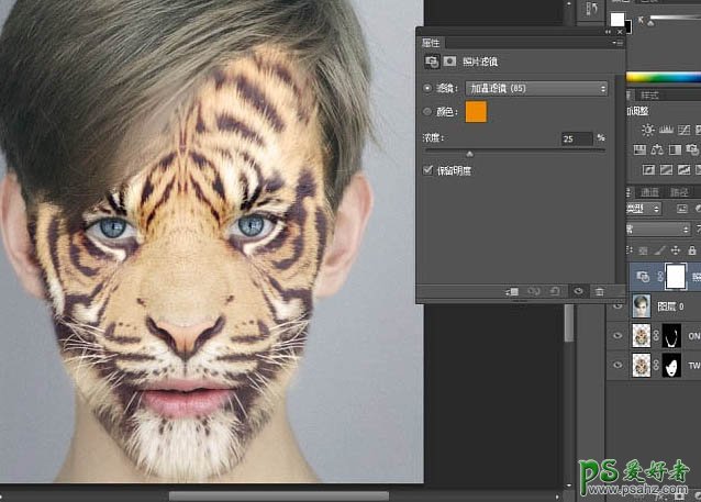PS人脸合成教程：给漂亮的帅哥脸部换上霸气的虎头图案。