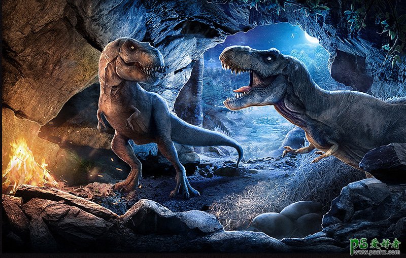 Photoshop创意合成侏罗纪公园主题海报，山洞中的凶猛恐龙场景。