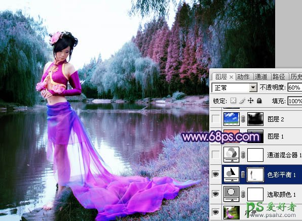 PS调色教程：给漂亮美女水边写真照调出梦幻紫色风格