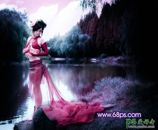 PS调色教程：给漂亮美女水边写真照调出梦幻紫色风格
