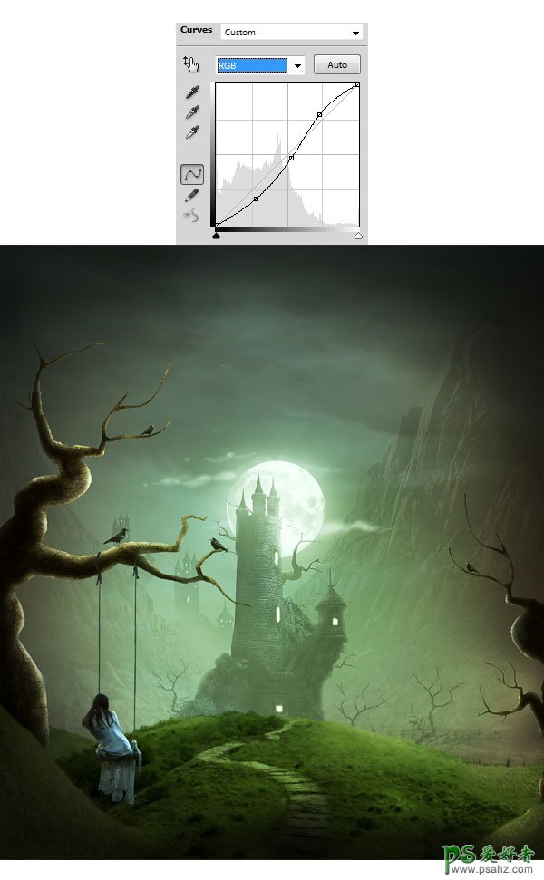 photoshop合成童话世界里的恐怖城堡场景插画效果图教程