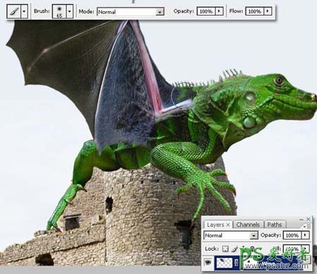 PS合成教程：合成一幅古城墙上绿色翼龙电影场景