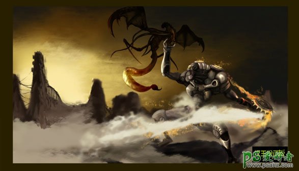PS鼠绘教程：打造科幻卡通电影中魔蝎怪兽战斗的场景特效插画作品