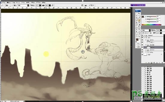 PS鼠绘教程：打造科幻卡通电影中魔蝎怪兽战斗的场景特效插画作品