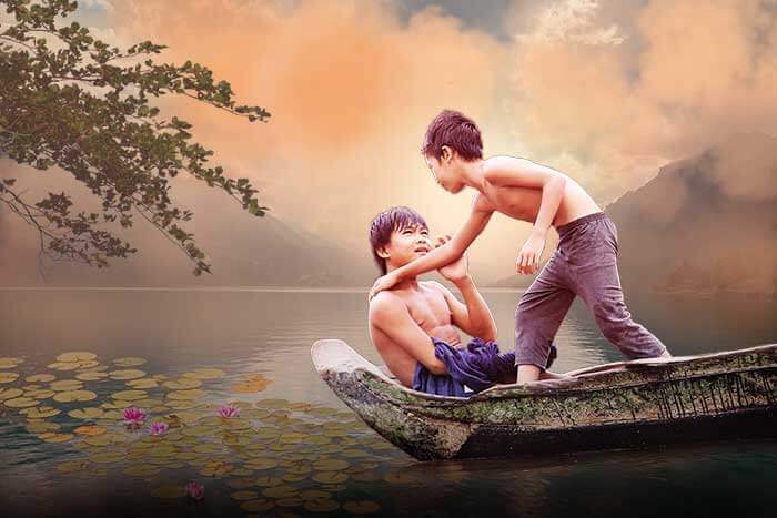 Photoshop创意合成水上嬉戏的小男孩场景，画面非常温馨有意境。