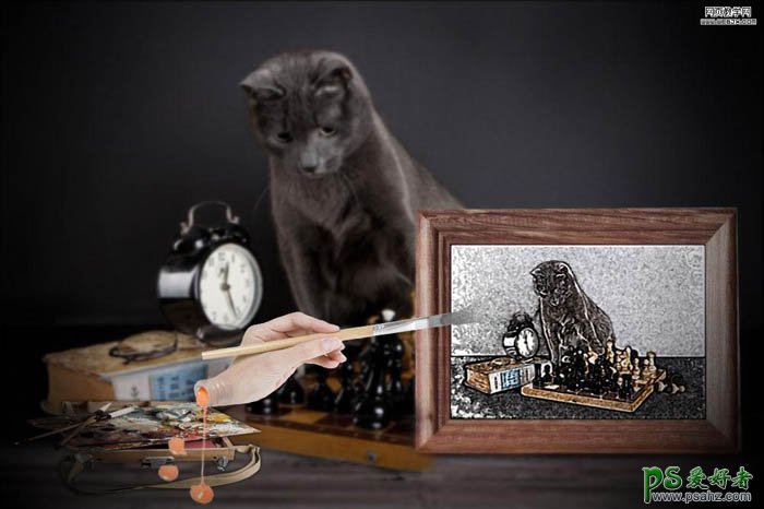 PS合成教程：创意合成给小黑猫绘制素描画像的现场效果