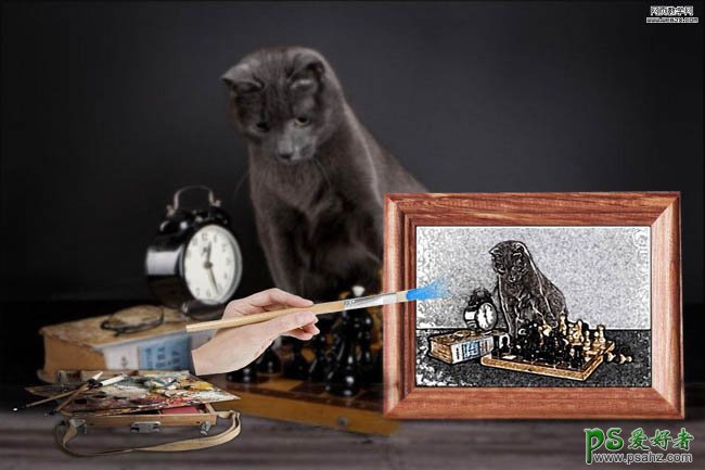PS合成教程：创意合成给小黑猫绘制素描画像的现场效果