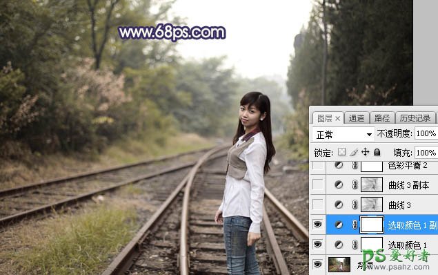 Photoshop给铁路上拍摄的可爱女孩生活照调出温暖的霞光色彩