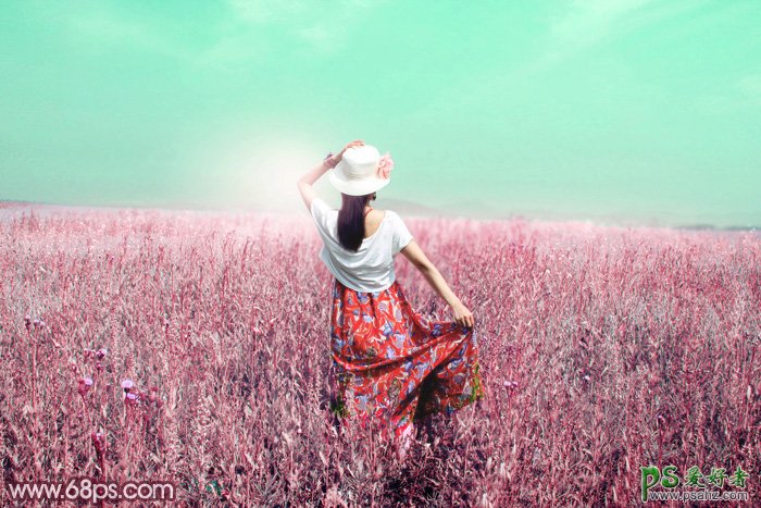 Photoshop给绿色草原上的唯美少女写真图片调出魔幻般意境红绿色