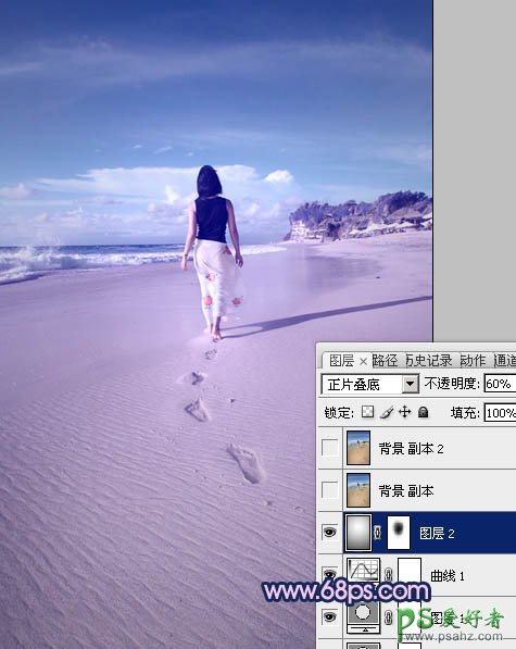 photoshop给一幅沙滩上美女走光图调出漂亮的淡蓝色