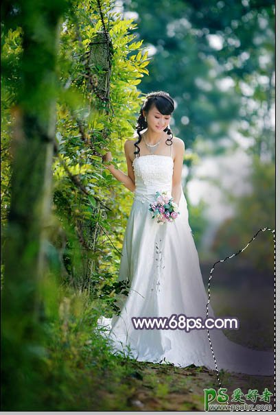 PS摄影调色教程：给户外拍摄的漂亮女孩婚纱照调出中性蓝黄色