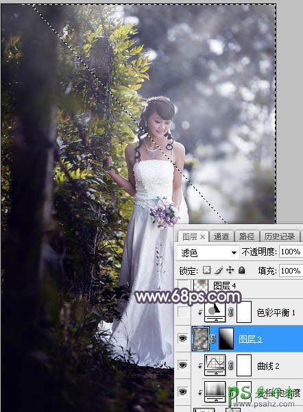 PS摄影调色教程：给户外拍摄的漂亮女孩婚纱照调出中性蓝黄色