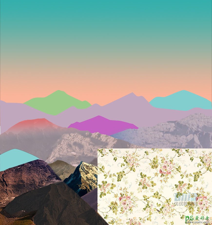 Photoshop制作潮流色彩的壮美山川插画图片，立体元素山川海报。