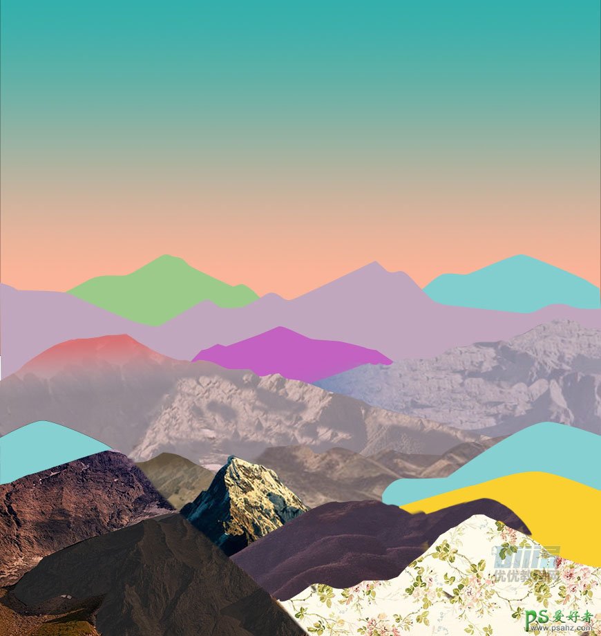 Photoshop制作潮流色彩的壮美山川插画图片，立体元素山川海报。