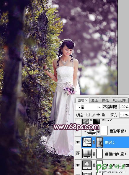 Photoshop给树林中拍摄的清新美女婚纱艺术照调出唯美的淡紫色